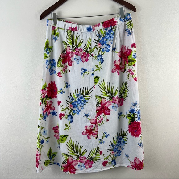 Linen Blend NYCC Tropical Floral Print Button Down A-Line Tie Waist Midi Skirt - Picture 2 of 12